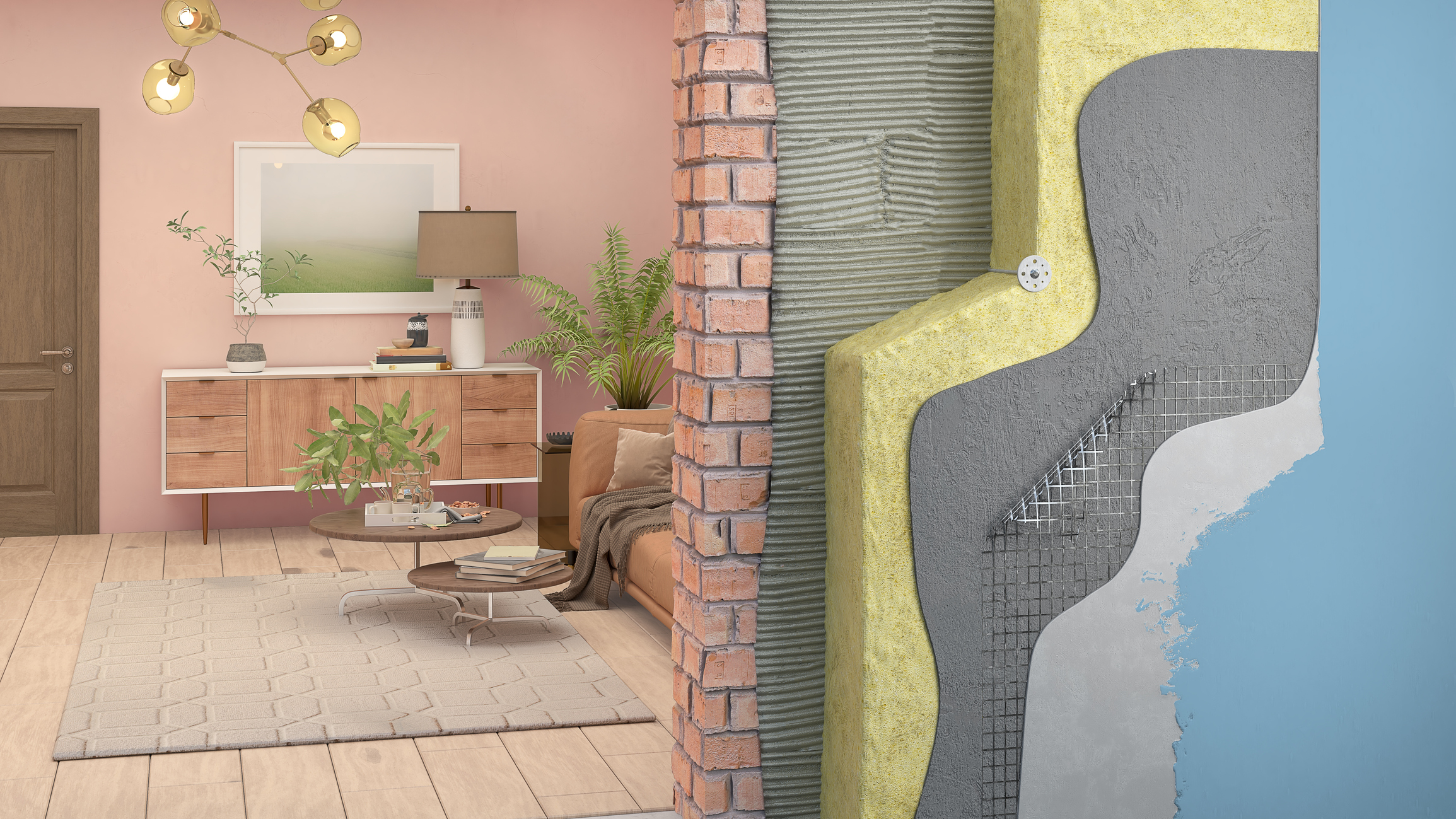 Wall thermal insulation in interior, 3d illustration